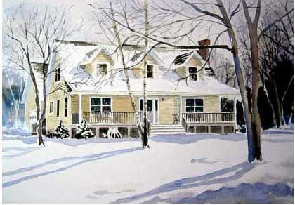 farmhouse in snow
